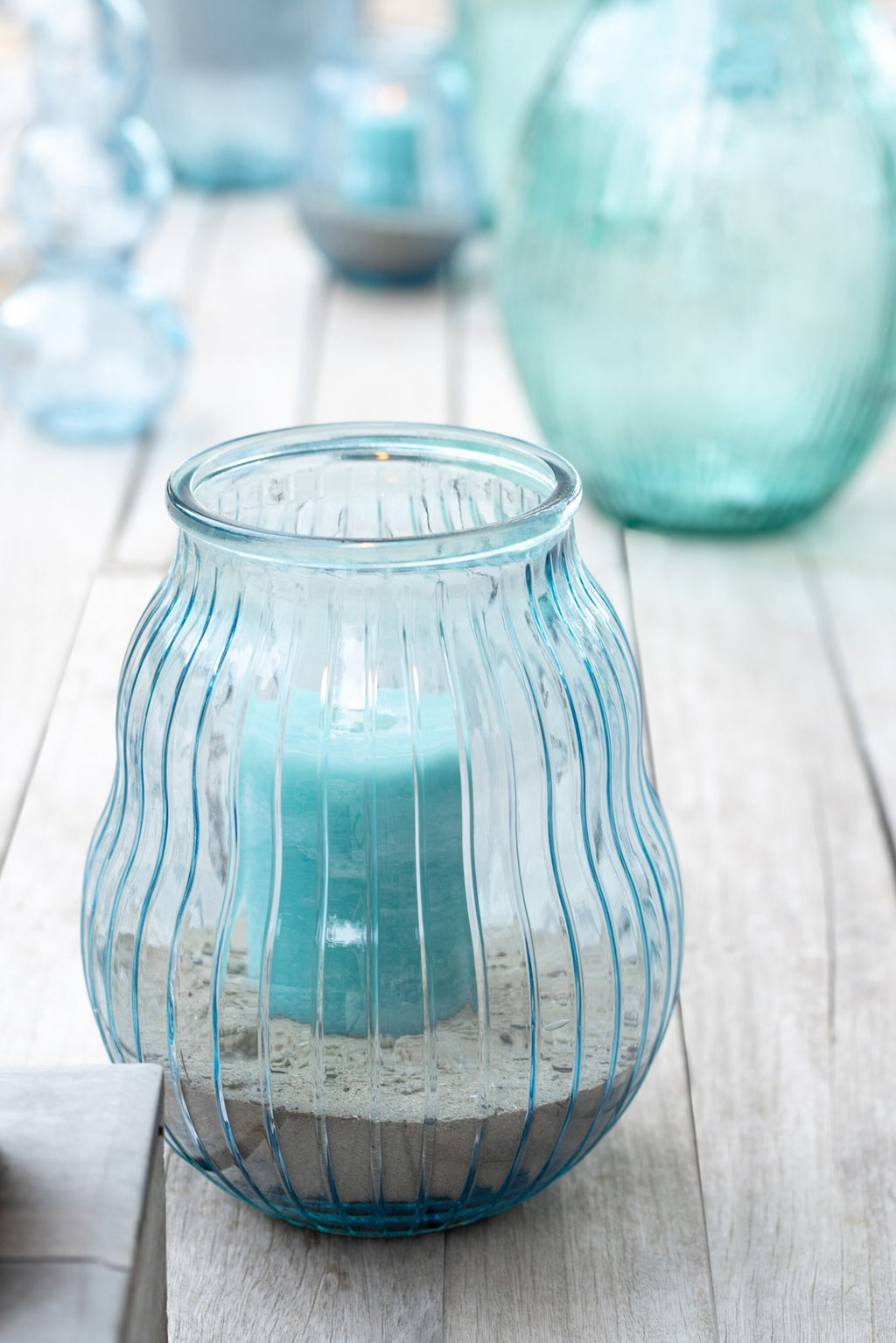 J-Line windlicht Gestreept - glas - lichtblauw - L