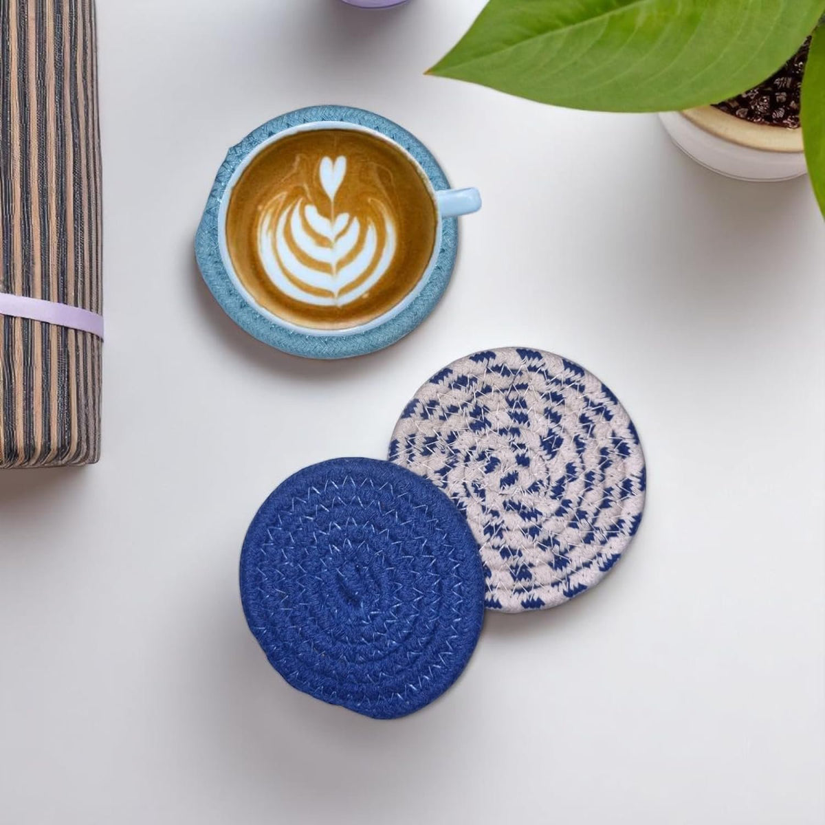 Blauwgroen katoenen ronde absorberende onderzetters (set van 6, 10 cm) | Tafelmatten voor warme en koude dranken, keuken, eetkamer