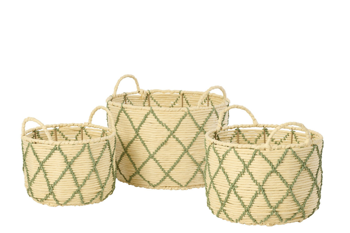 J-Line mand met handvat Rond Geruit - ijzer - naturel - set van 3