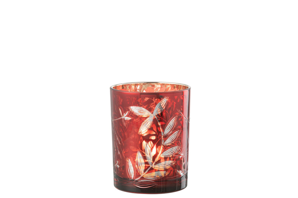 J-Line windlicht Blaadjes - glas - rood/goud - medium