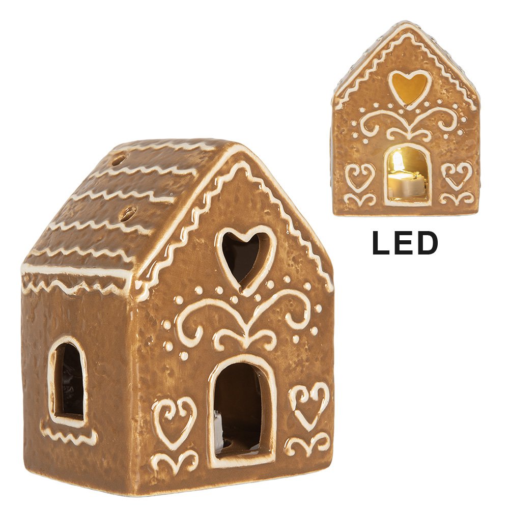 Gingerbread house met LED 8x6x10 cm Bruin Keramiek