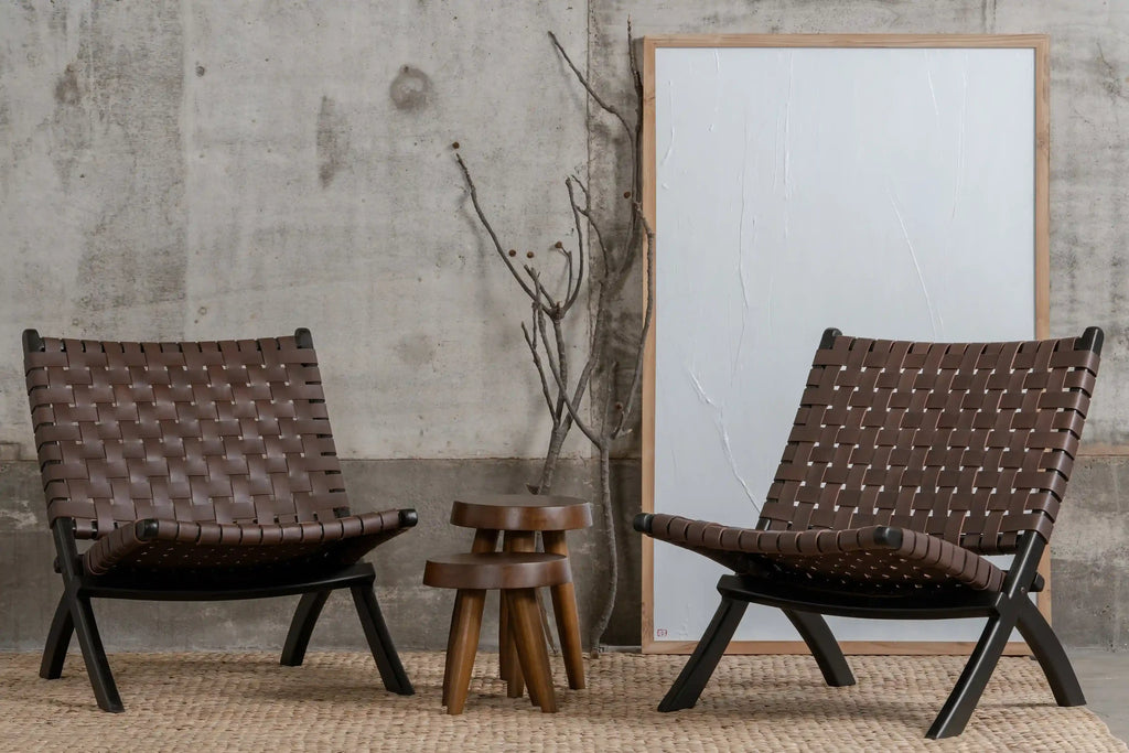 Oliver lounge stoel binnen - zwart leer - teak hout