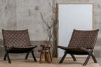 Oliver lounge stoel binnen - zwart leer - teak hout