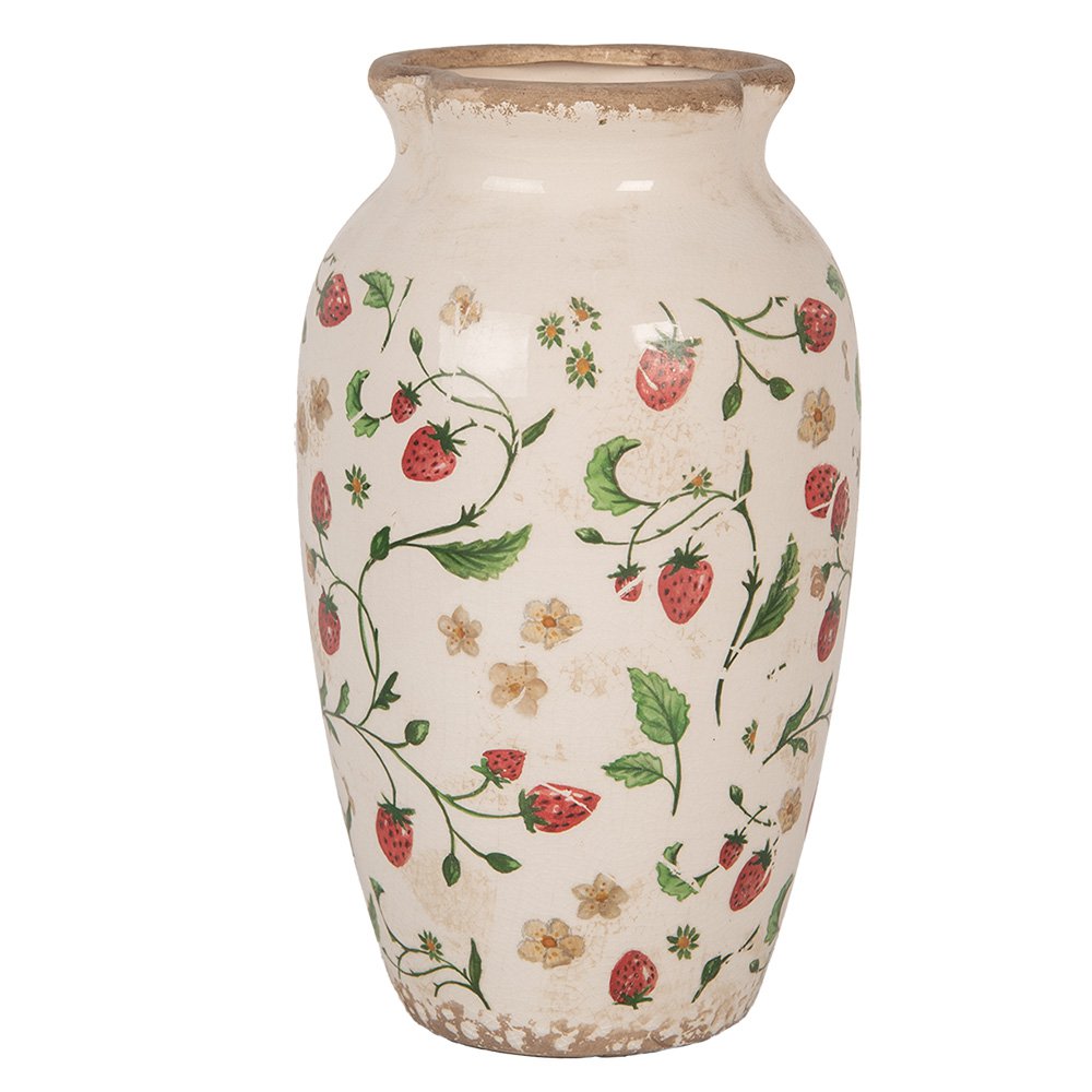 Vaas Ø 16x27 cm Beige Rood Keramiek Aardbeien