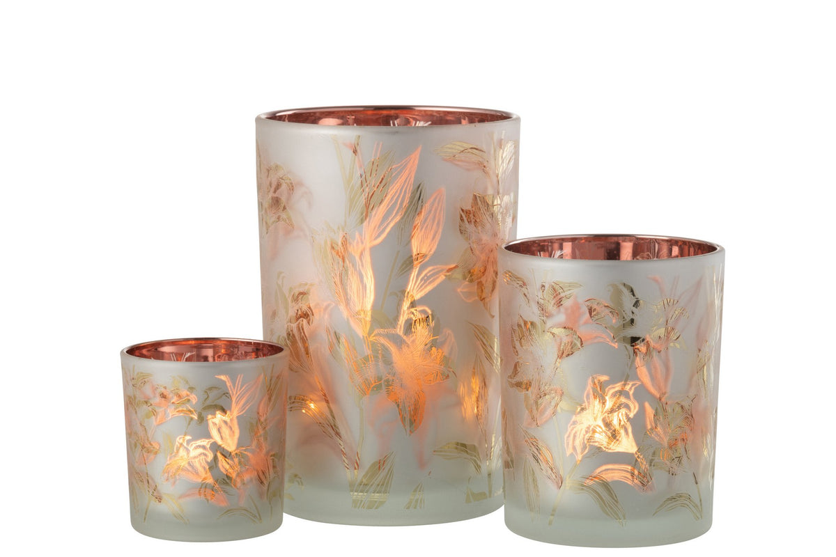 J-Line Windlicht Bloemen Glas Mat Wit/Rood/Goud Large