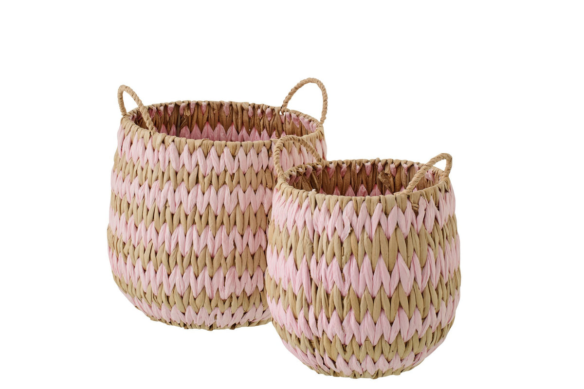 J-Line mand met handvatten Gestreept - papier - naturel/roze - 2 st.