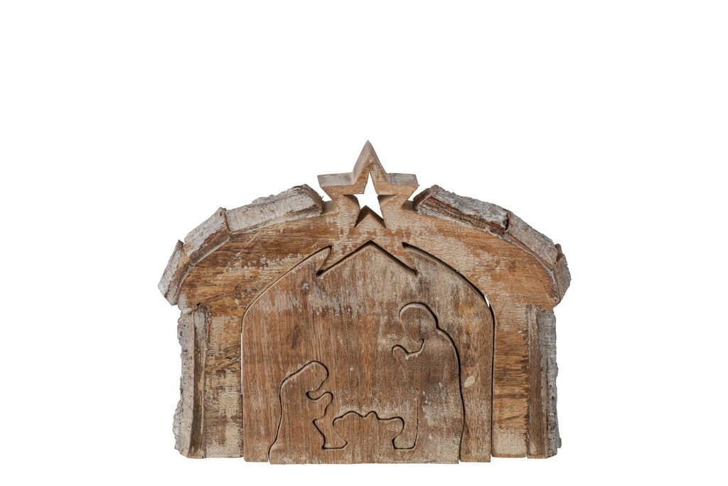J-Line Kerststal met schors - mangohout - naturel/donkergroen - medium