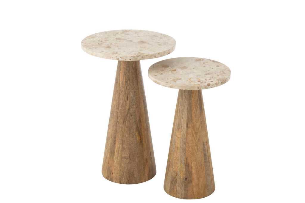 J-Line bijzettafel Rond Marmer - hout - beige/bruin - set van 2