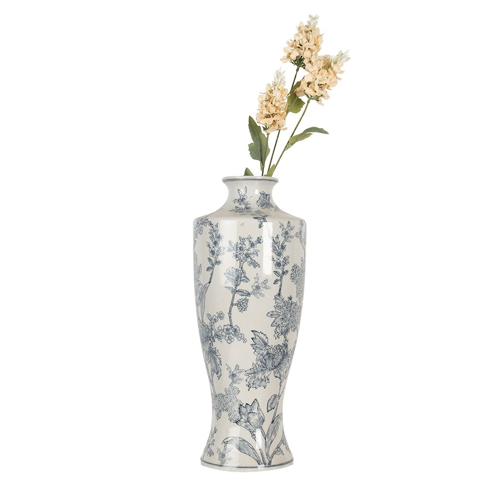 Vaas Ø 16x42 cm Wit Blauw Keramiek Bloemen