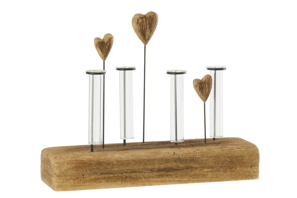 J-Line decoratie vaas 4 Tubes + Harten - hout - naturel