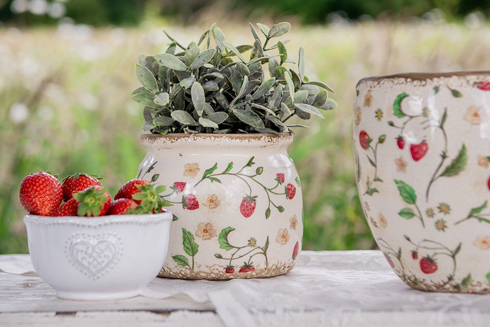 Bloempot Ø 18x18 cm Beige Rood Keramiek Aardbeien Bloempot Binnen