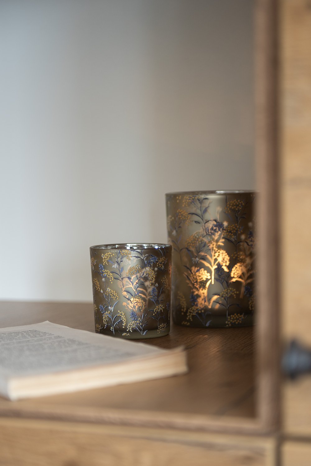 Theelichthouder Set van 2 Ø 7x8 / 10x13 cm Grijs Glas Bloemen