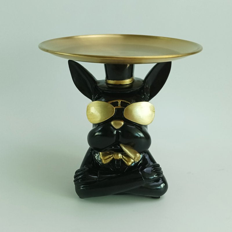 Polyresin bulldog zwart met dienblad