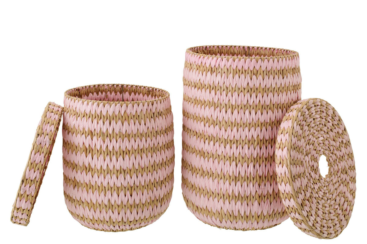 J-Line mand met deksel Gestreept - papier - naturel/roze - set van 2