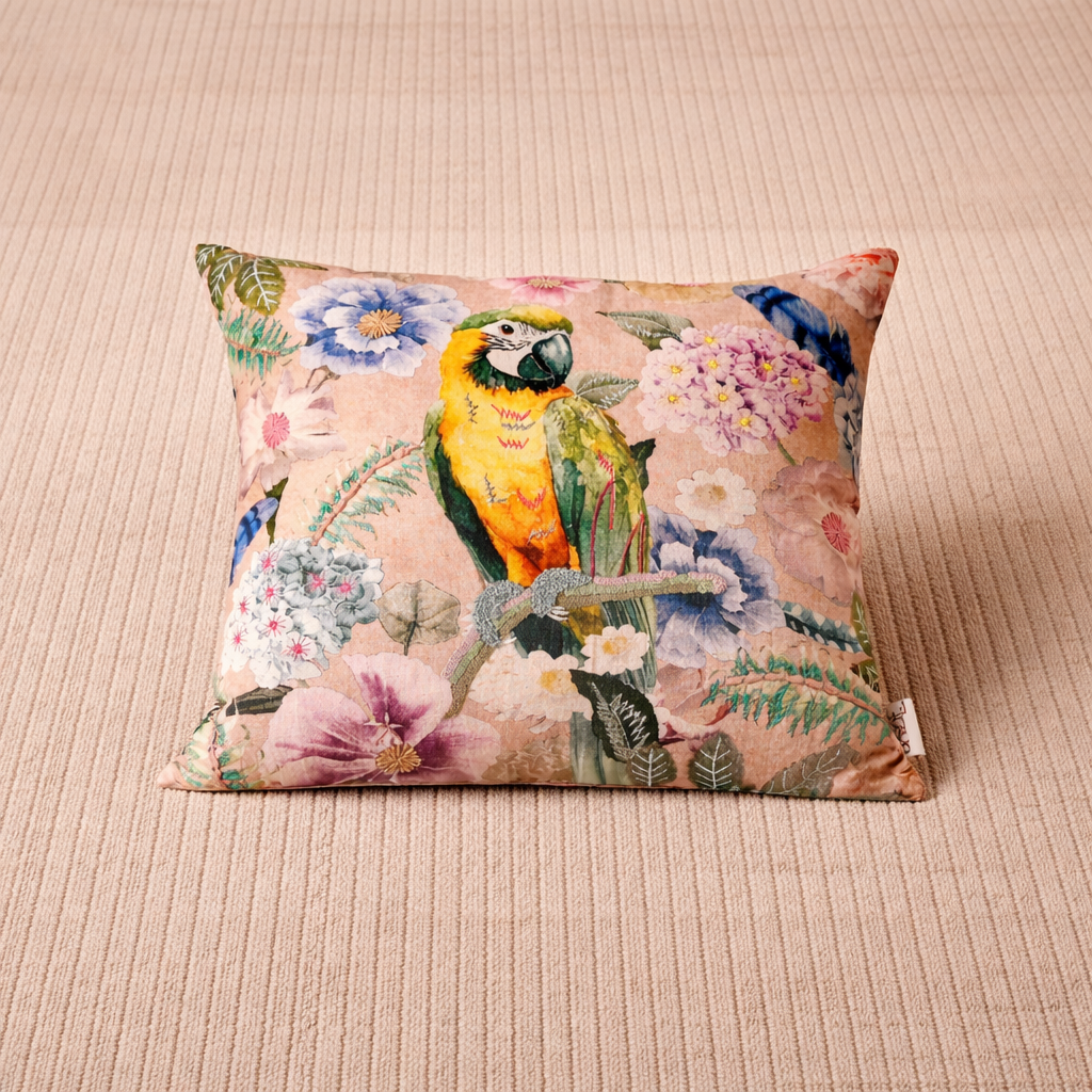 Kussen met tropische papegaaibloemen - Katoen geborduurd - 45 x 45 cm