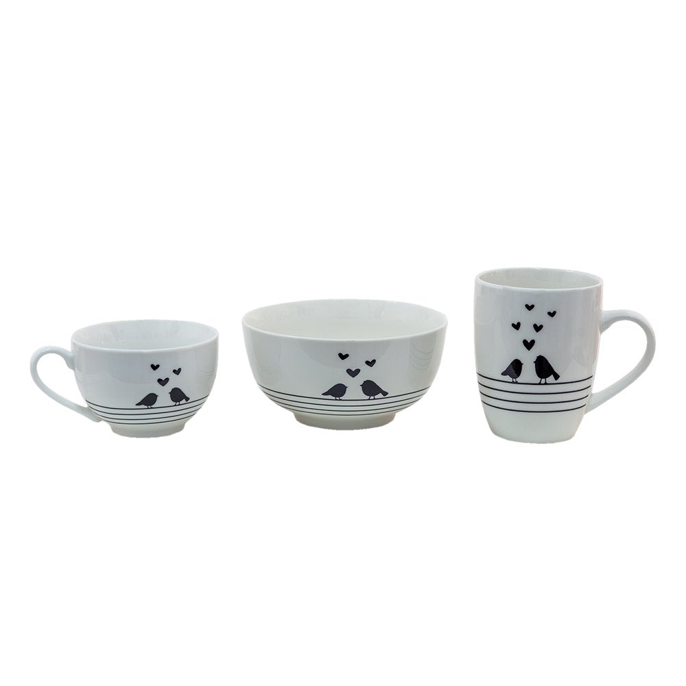 Kop en Schotel 220 ml Wit Zwart Porselein Harten Vogels Servies
