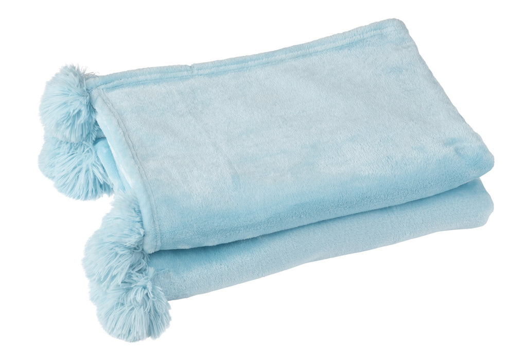 J-Line plaid Pompom - polyester - hemelsblauw - 170 x 130 cm