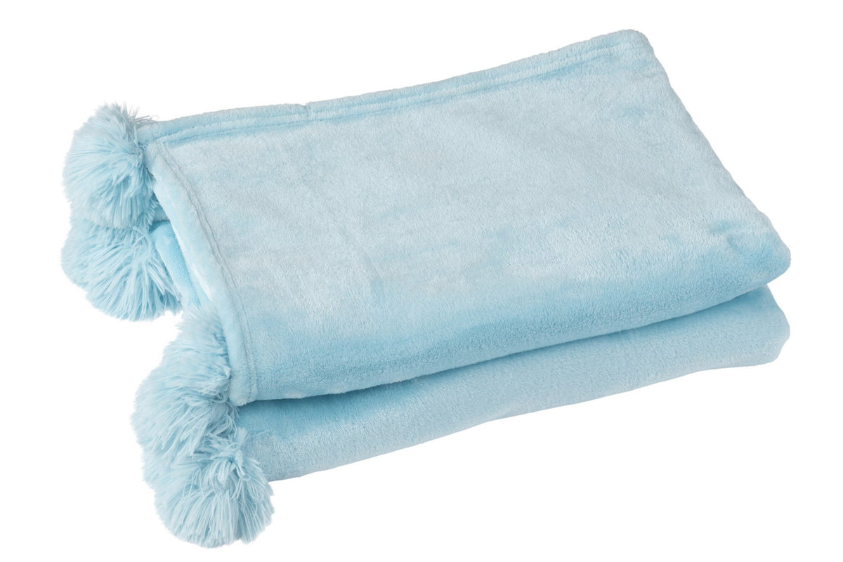 J-Line plaid Pompom - polyester - hemelsblauw - 170 x 130 cm