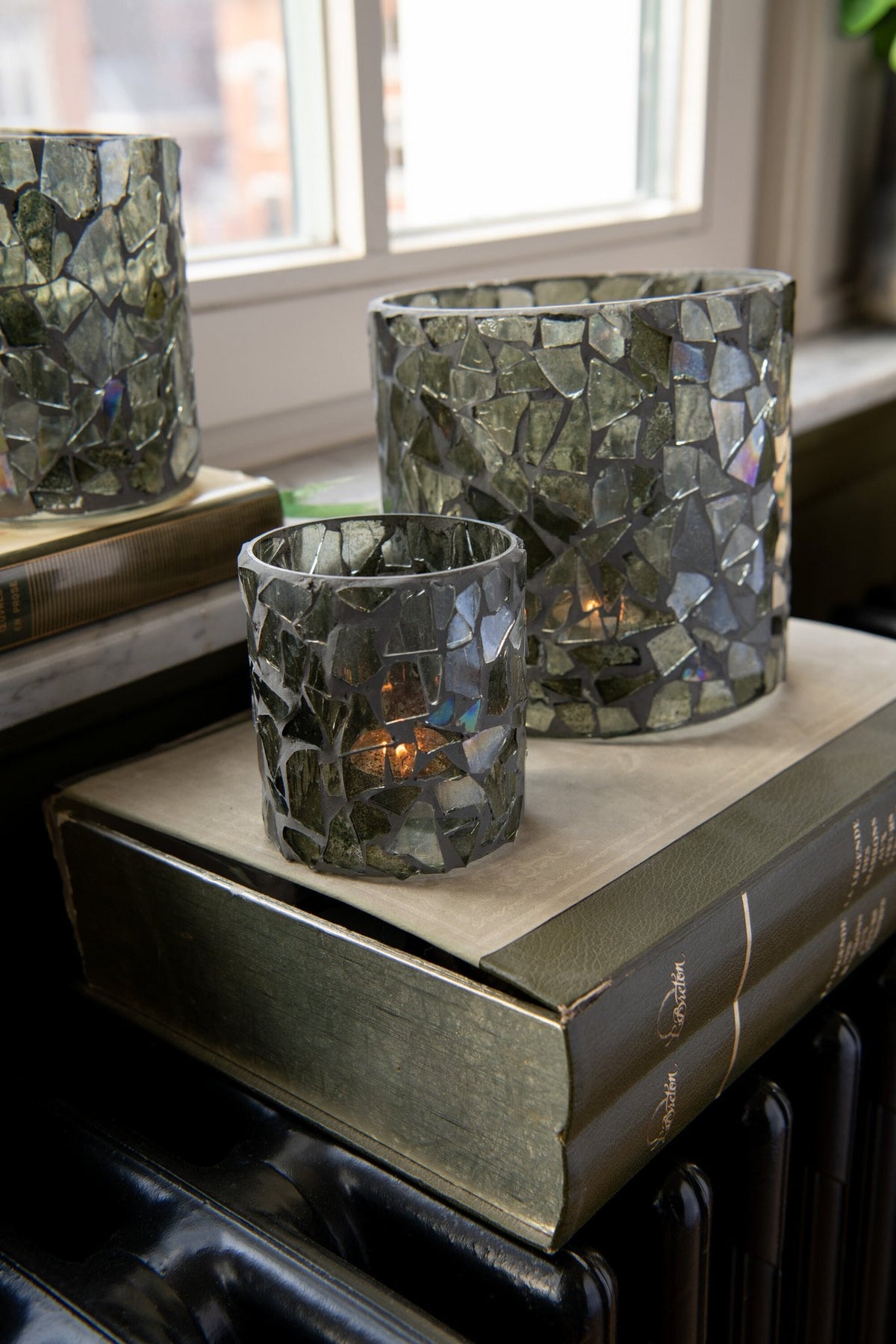 J-Line kaarshouder Mozaiek - glas - grijs/groen - small