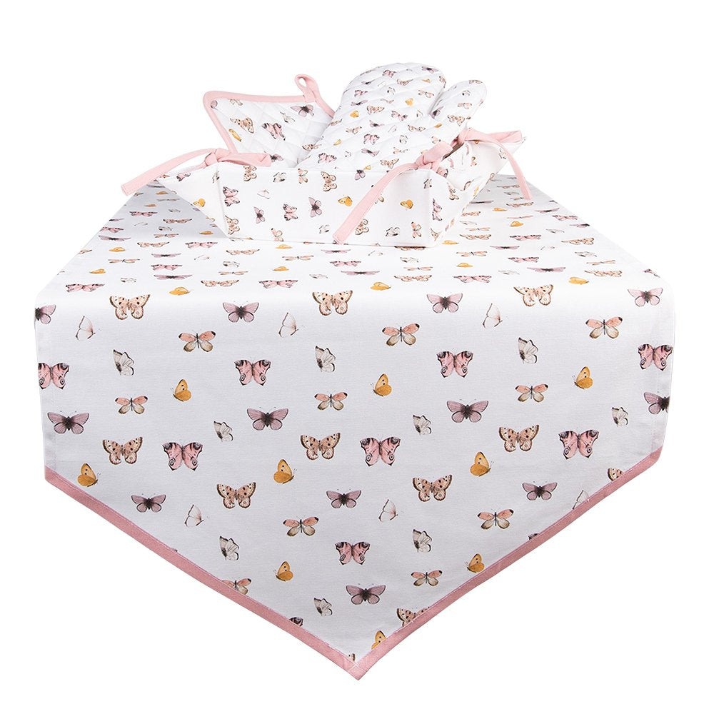 Tafelloper 50x160 cm Beige Roze Katoen Vlinders Tafelkleed