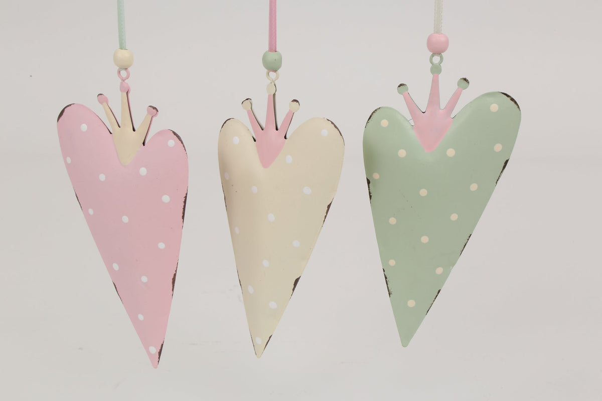 Metalenhanger hart met kroontje 6st 15x7cm ass