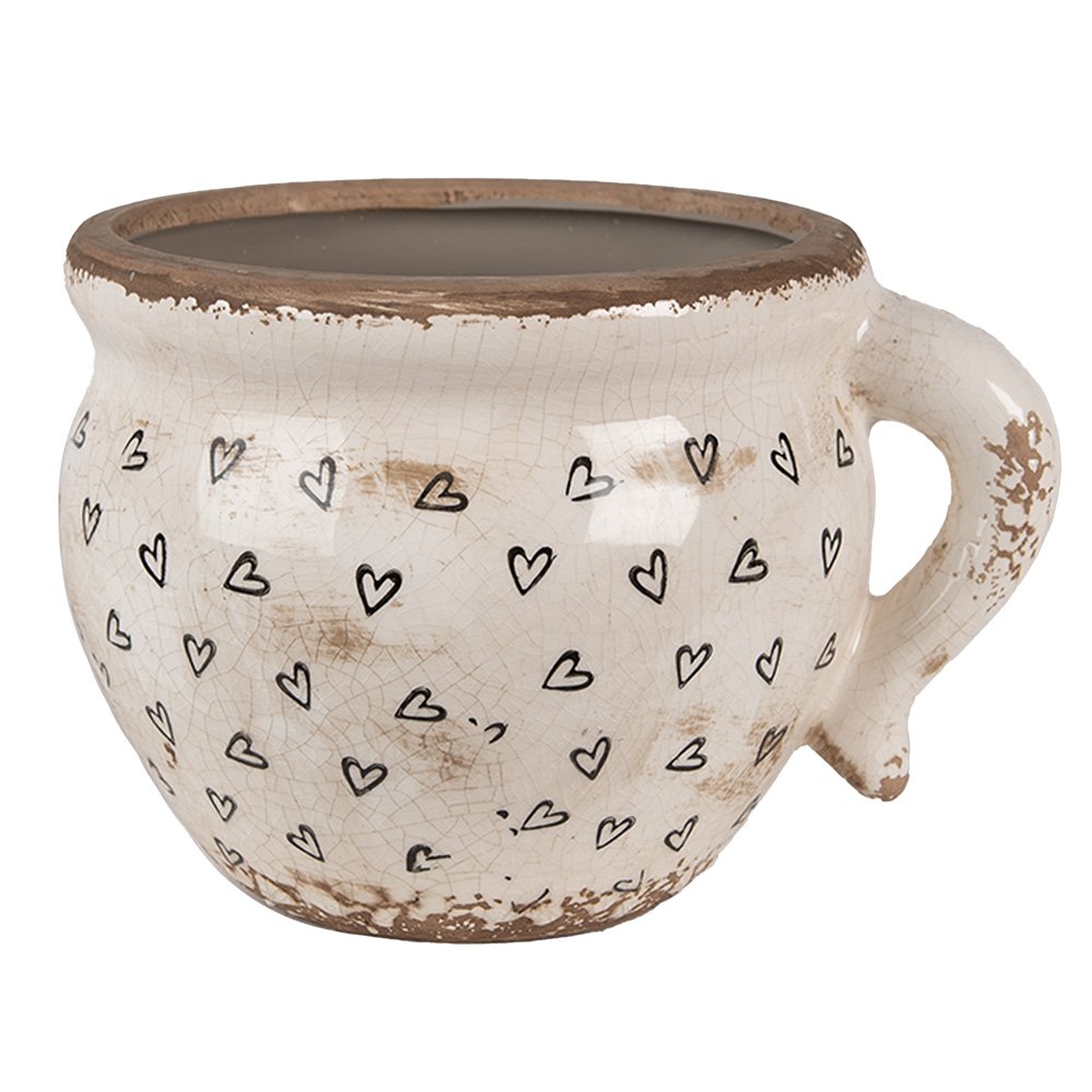 Bloempot 20x17x15 cm Beige Zwart Keramiek Hartjes Bloempot Binnen