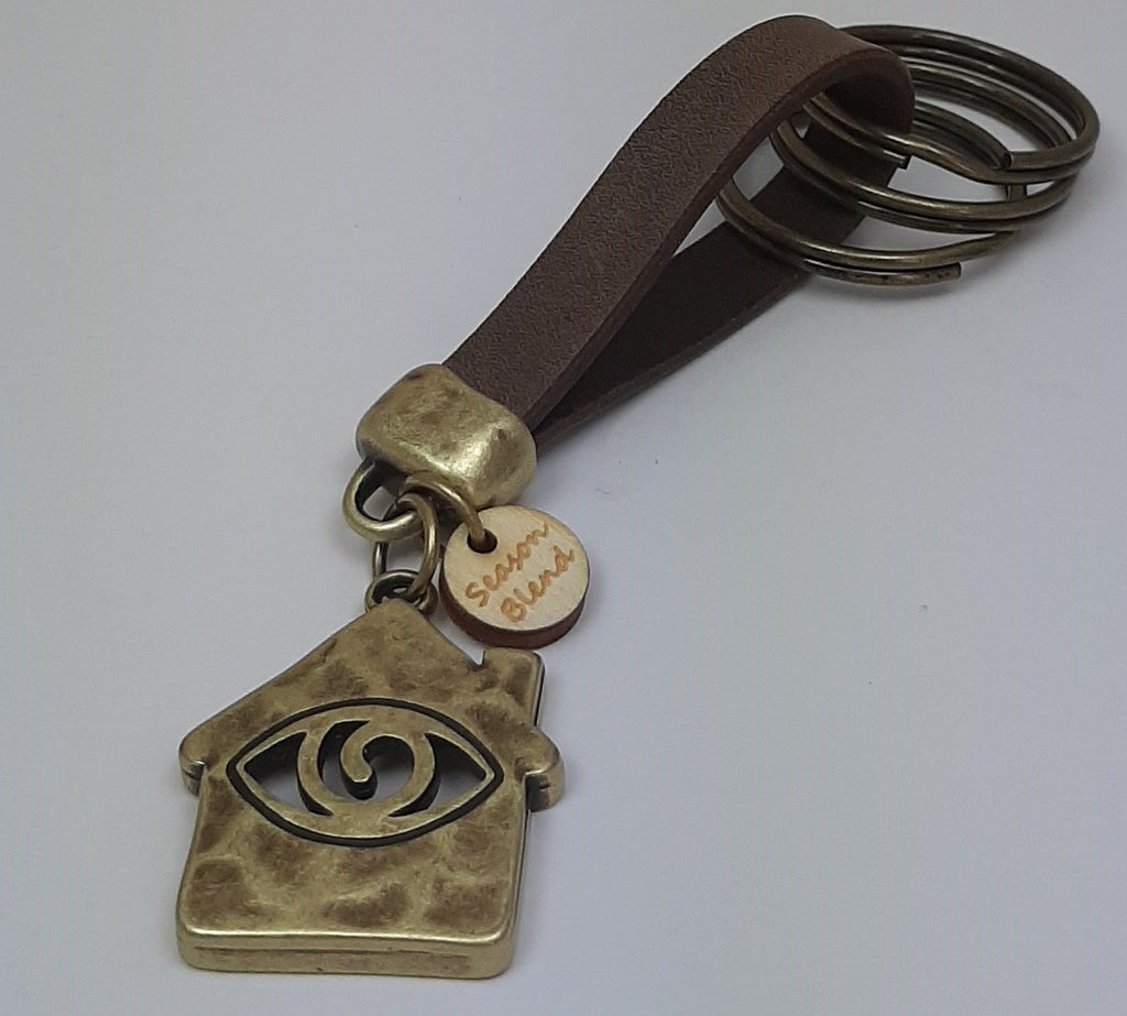 Sleutelhanger van leer Happy Home met Eye brons