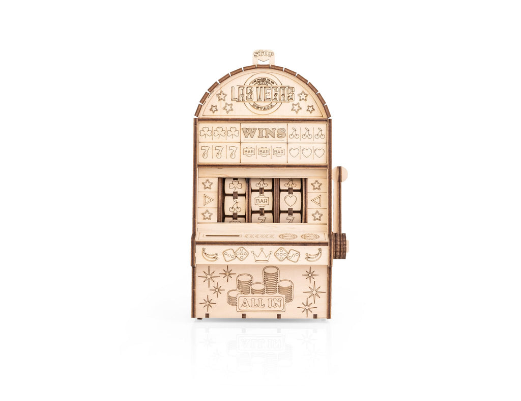 Eco Wood Art (EWA) DIY 3D Mechanische Houten Puzzel, One-Armed Bandit (met spaarpot), 4585, 13,6x11,7x25,3cm