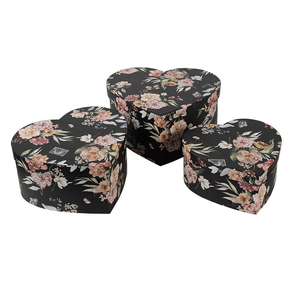 Opbergdoos Set van 3 28x26x14/24x23x12/21x20x10 cm Zwart Karton Bloemen