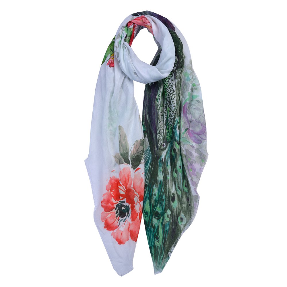 Sjaal Dames Print 90x180 cm Wit Synthetisch Bloemen sjaaldames