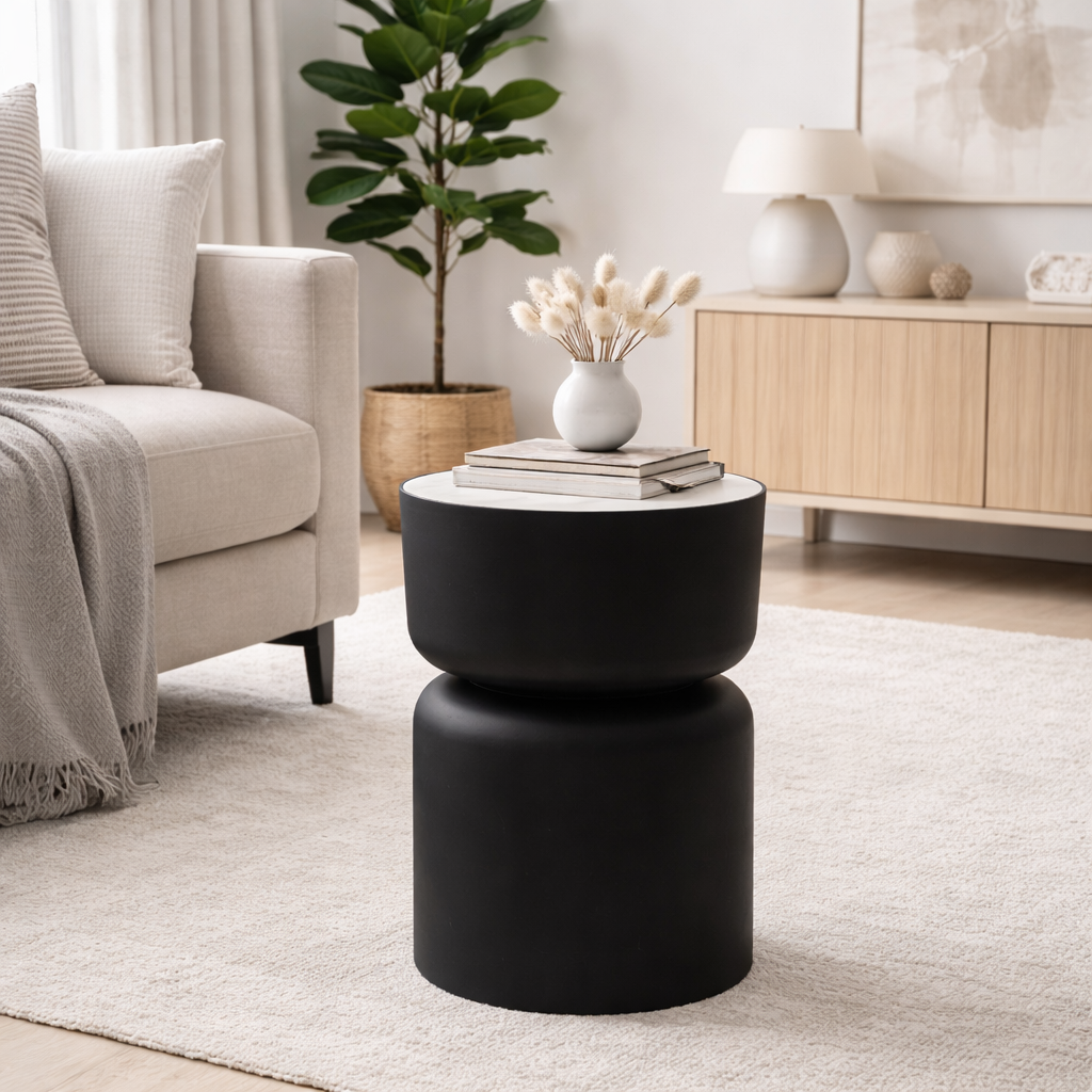 Marmeren Drum Bijzettafel - Zwart Ijzer - Modern Design