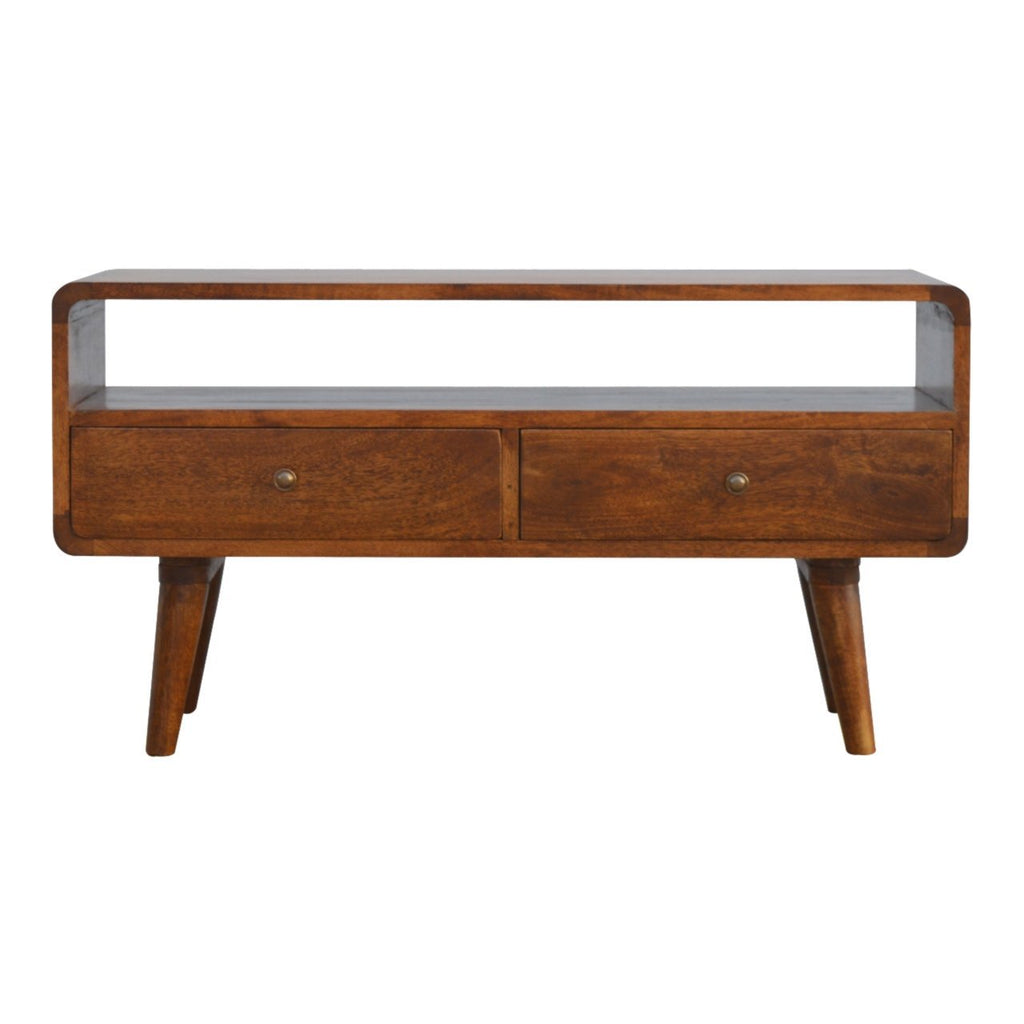 Massief mangohout gebogen kastanje mediameubel met 2 lades, open opbergruimte en Scandinavische poten | Kastanje Afwerking | 90x35x47 cm