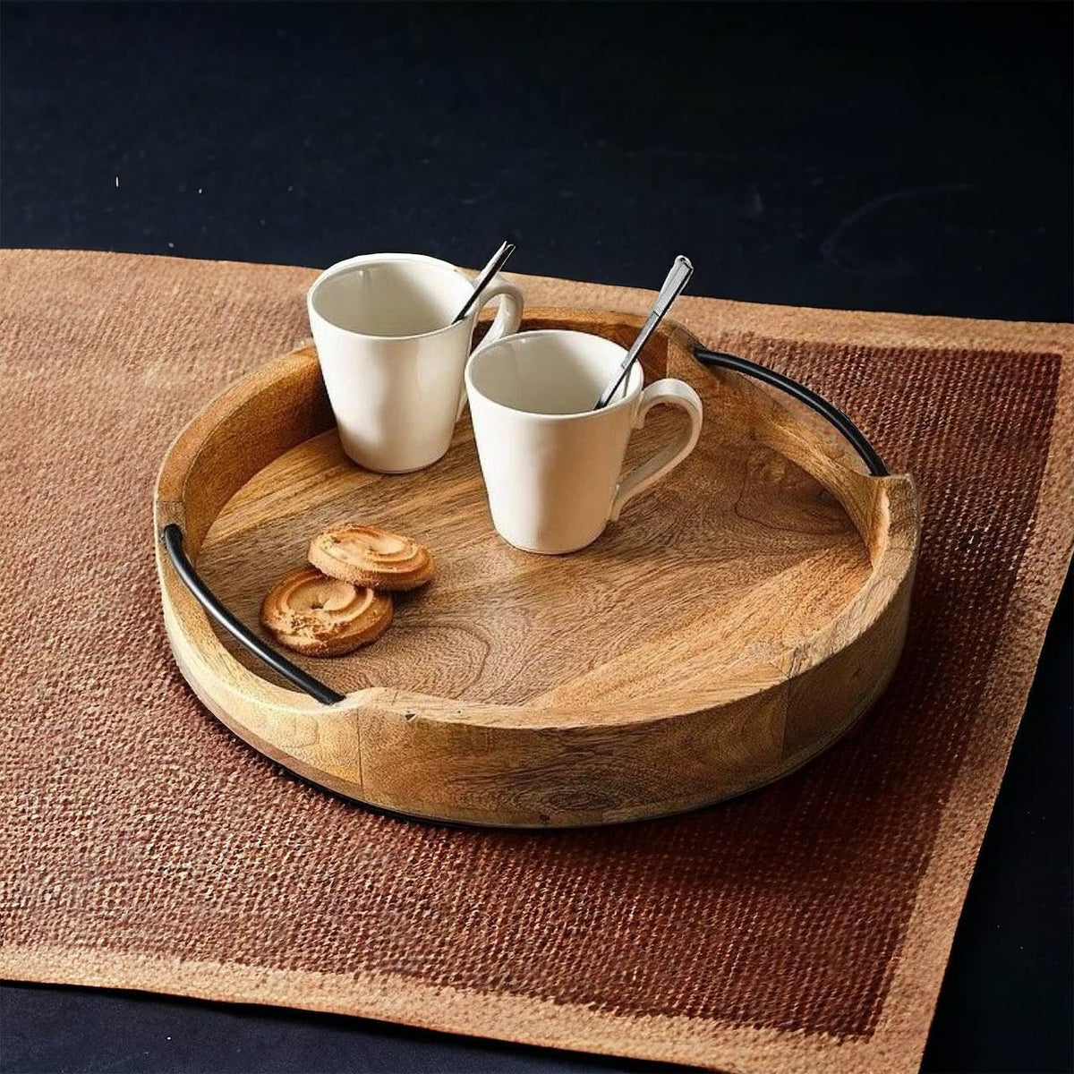 Rustiek rond dienblad – handgemaakt mangohout en ijzer – diameter van 25 cm