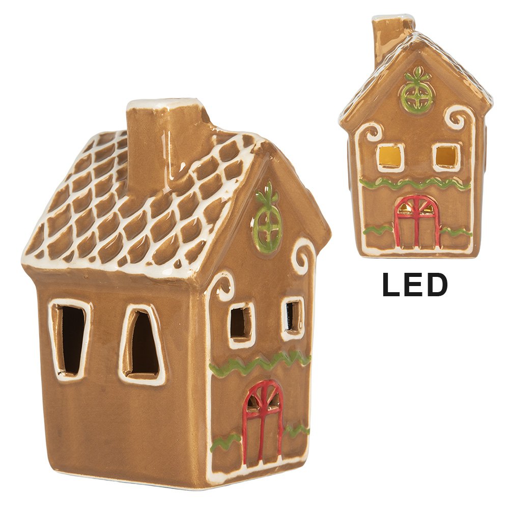 Gingerbread house met LED 8x8x12 cm Bruin Keramiek