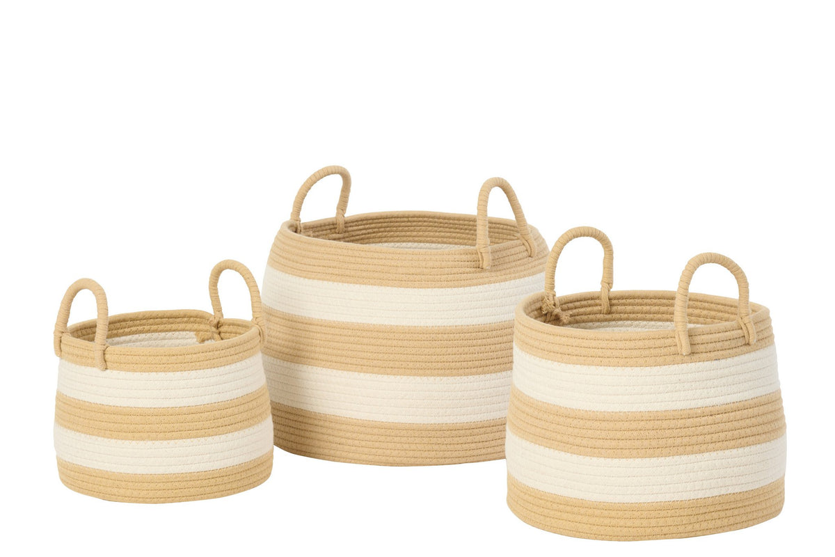 J-Line mand met handvat Rond - polyester - naturel/wit - set van 3