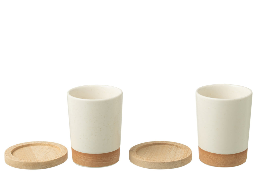 J-Line Doos Van 2 Tassen + Bamboubasis Keramiek Wit/Naturel
