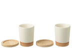 J-Line Doos Van 2 Tassen + Bamboubasis Keramiek Wit/Naturel