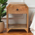 Massief houten Newton mini-nachtkastje in eikenhout, 1 lade en open plank, beige