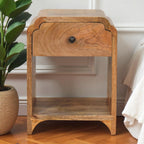 Massief houten Newton mini-nachtkastje in eikenhout, 1 lade en open plank, beige