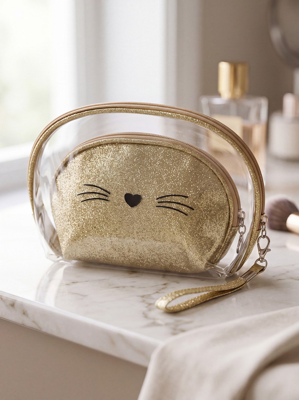 Toilettas Dames Set van 2 24x15 / 19x12 cm Goudkleurig Polyurethaan Kat