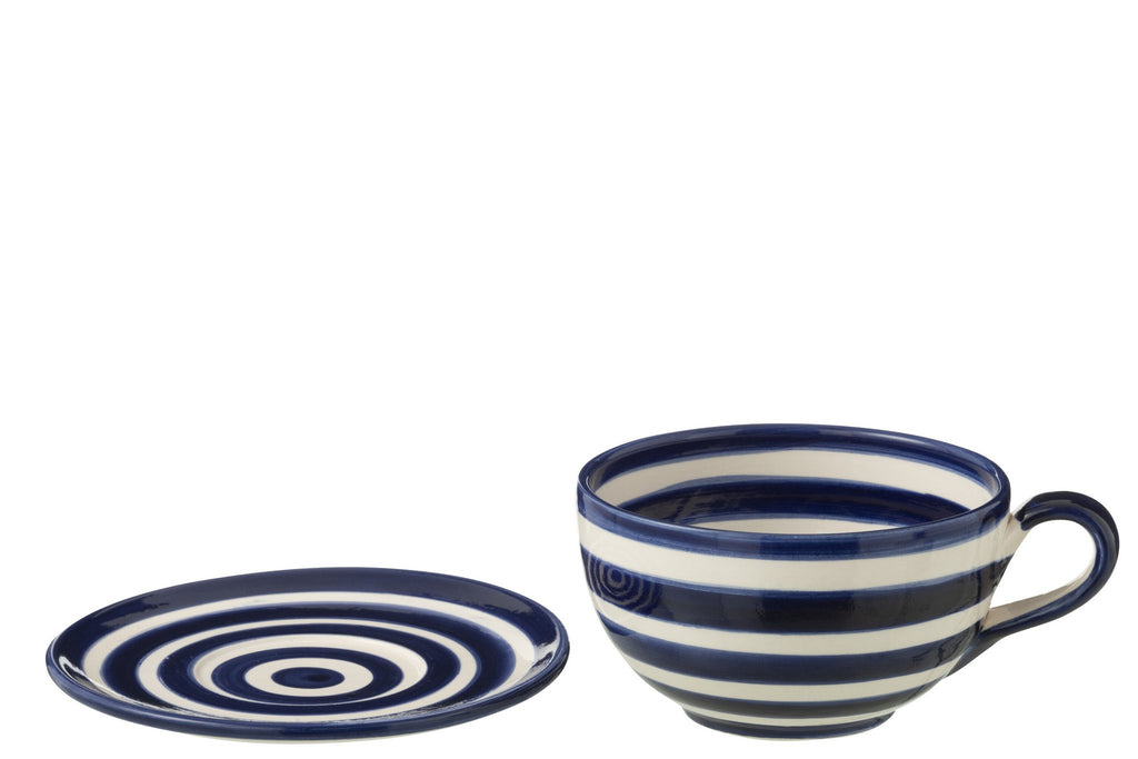 J-Line kop + schoteltje Granada Stripes - keramiek - wit/blauw