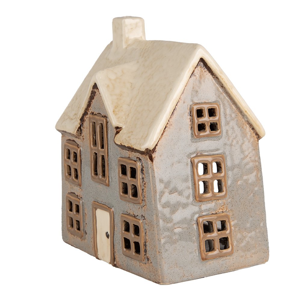 Waxinelichthouder Huis 15x10x17 cm Grijs Beige Keramiek Theelichthouder