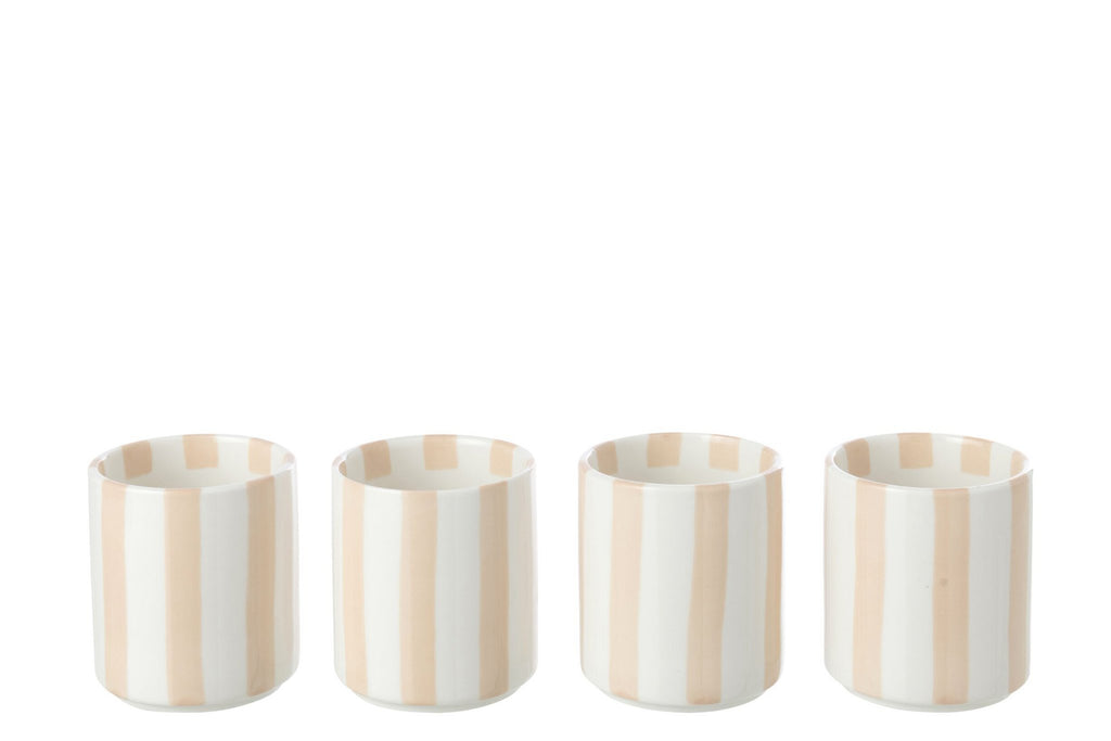 J-Line kopje Gestreept - steengoed - lichtbeige/wit - 4 stuks