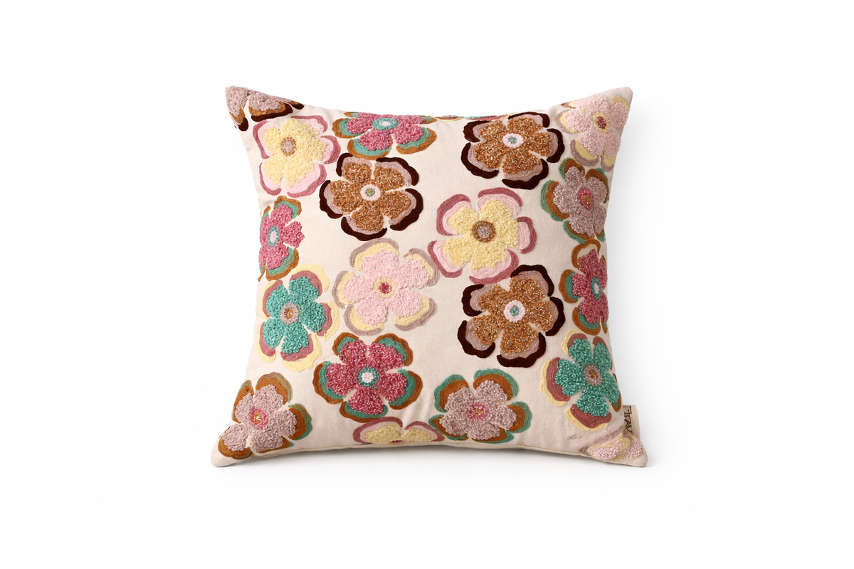 Katoenen kussen met print - Retro bloemmotief - 45 x 45 cm