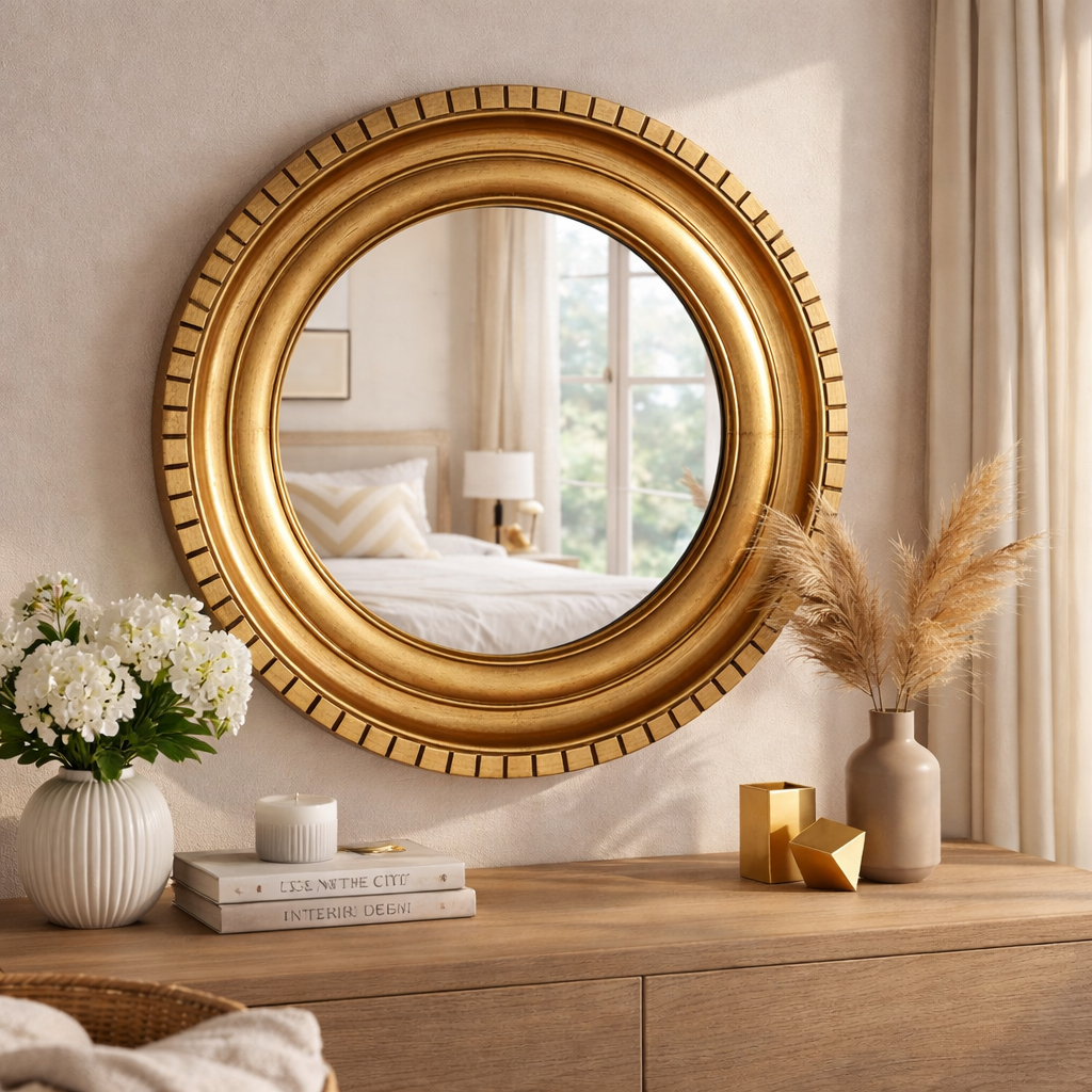 Luxe gouden wandspiegel – handgemaakt frame van goudfolie voor een stijlvol huis