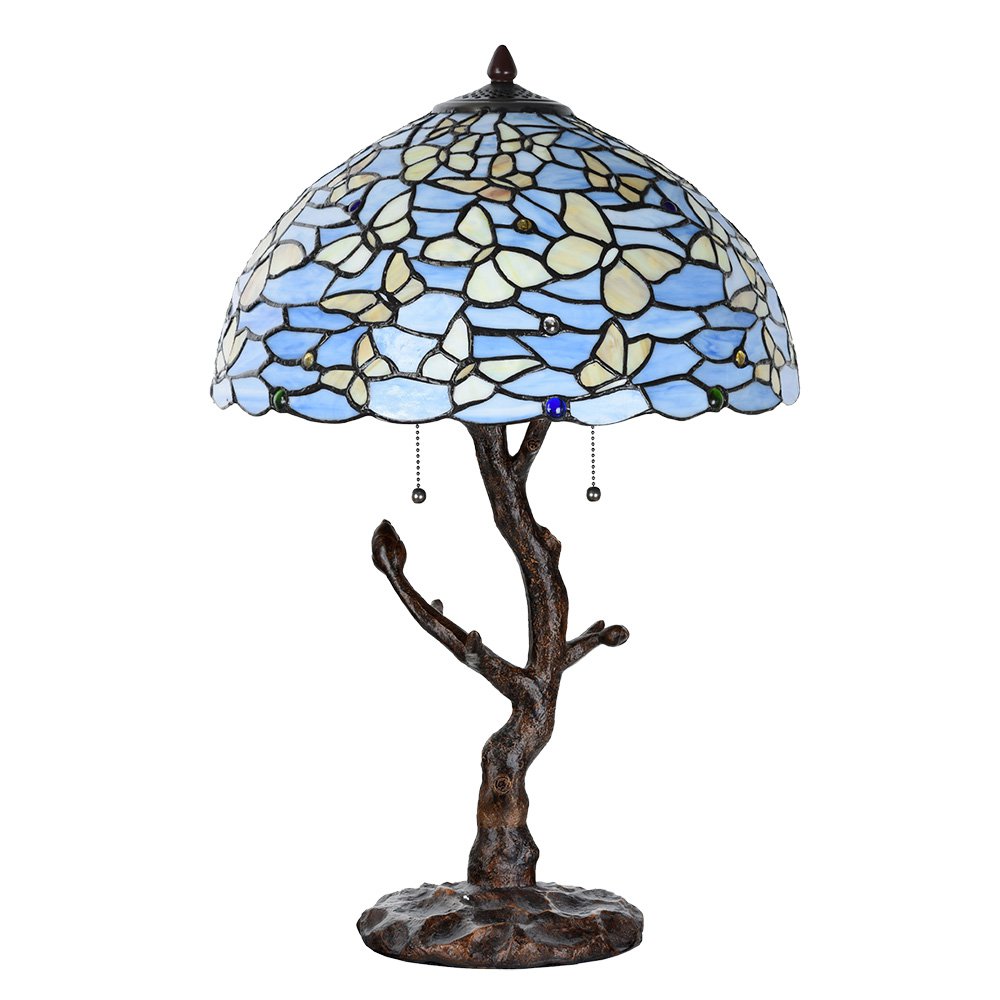Tiffany Tafellamp Ø 40x60 cm Blauw Glas Vlinders Tiffany Bureaulamp