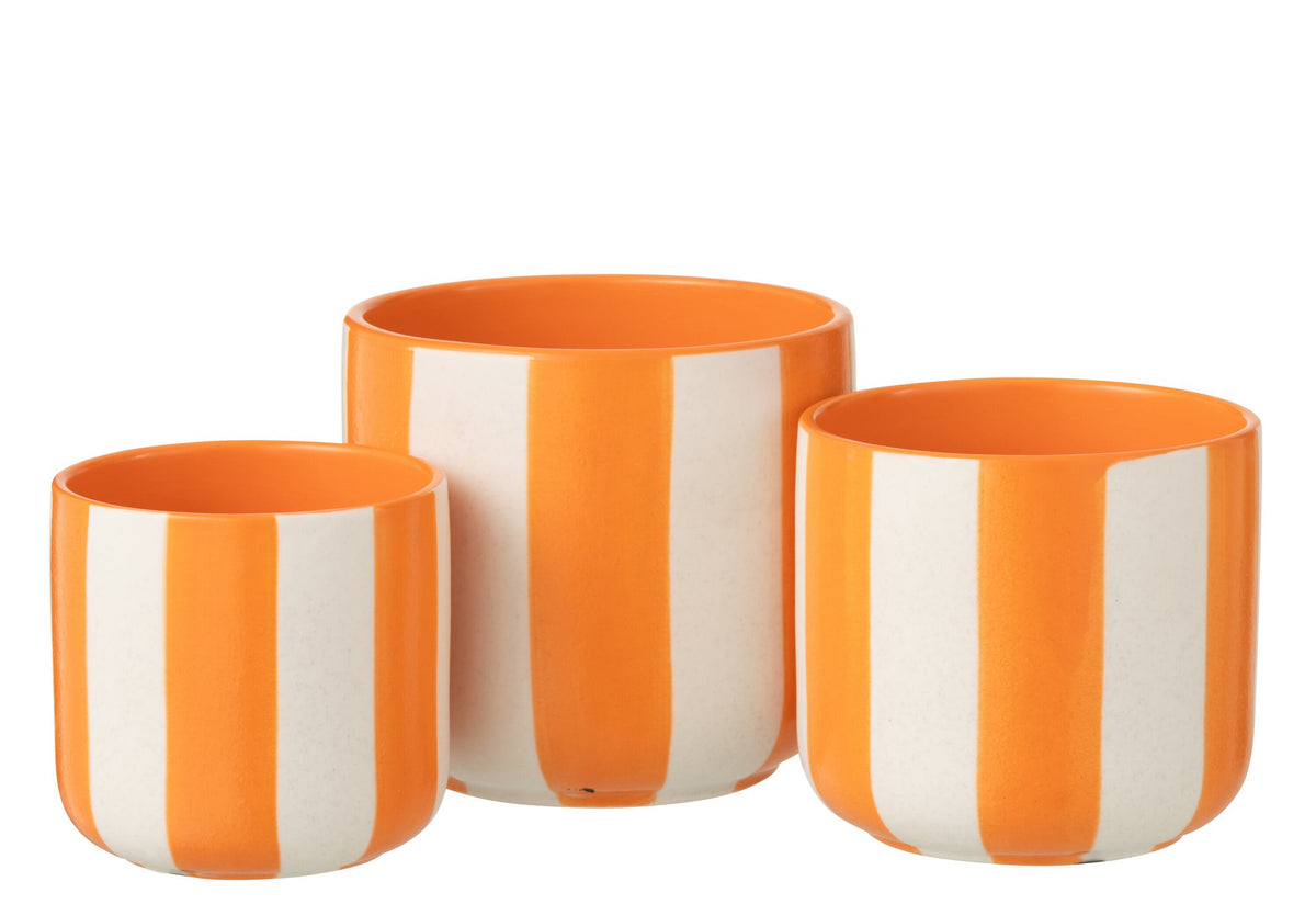 J-Line bloempot Gestreept - keramiek - oranje/wit - L