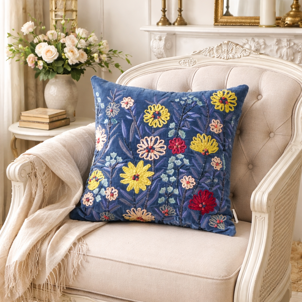 Katoenen kussen - Blauw fluwelen design - 45 x 45 cm