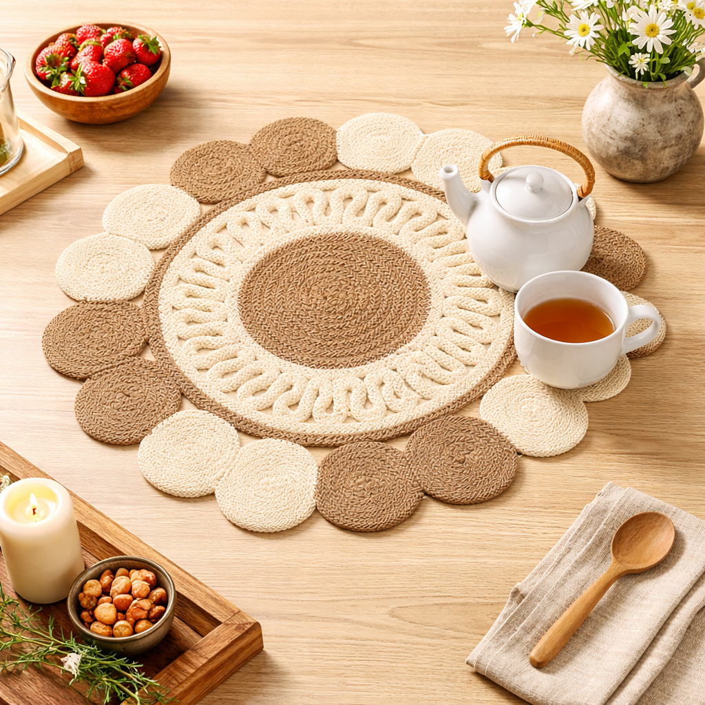 Beige katoenen gevlochten placemat – handgemaakte eetmat