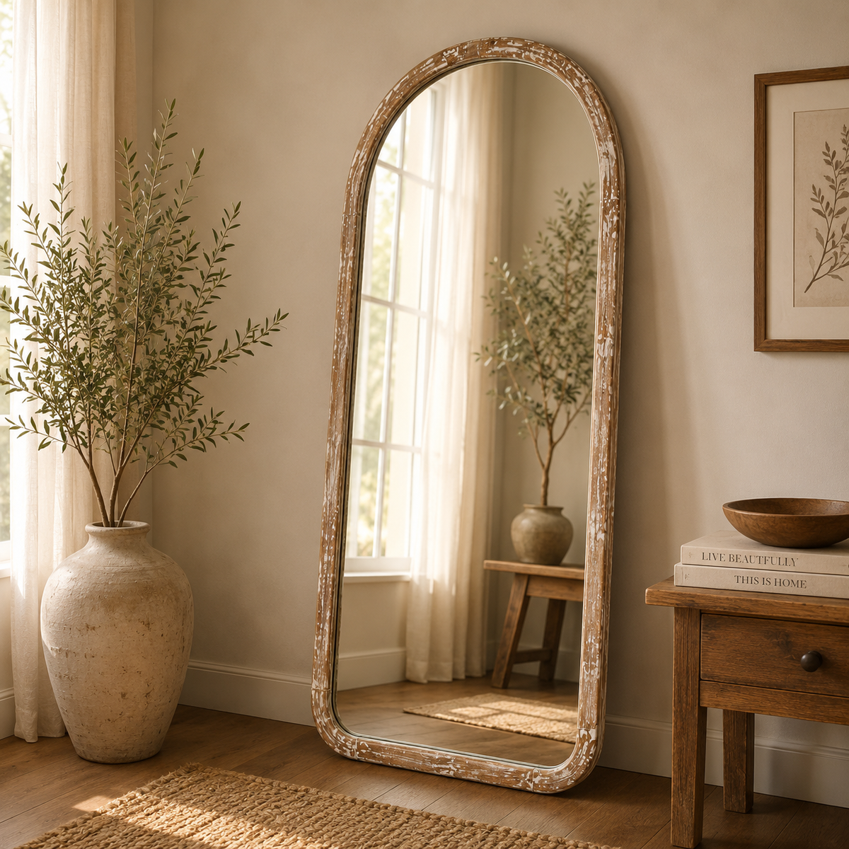 Halfronde wandspiegel in antiek wit mangohouten frame